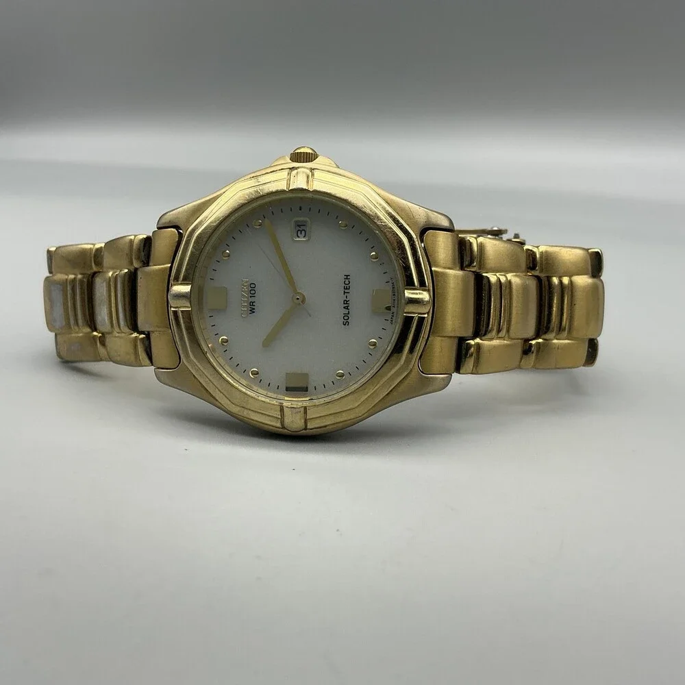 Citizen Eco-Drive Solar-Tech WR 100 Mens Watch 36mm Gold Tone Date 7.25